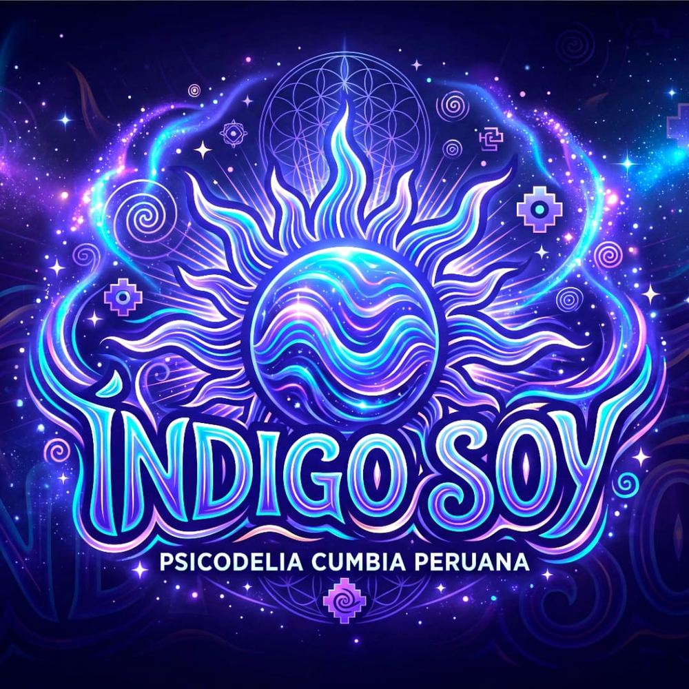 знак: «INDIGO SOY · PSICODELIA CUMBIA PERUANA», синее солнце с волной в круге
