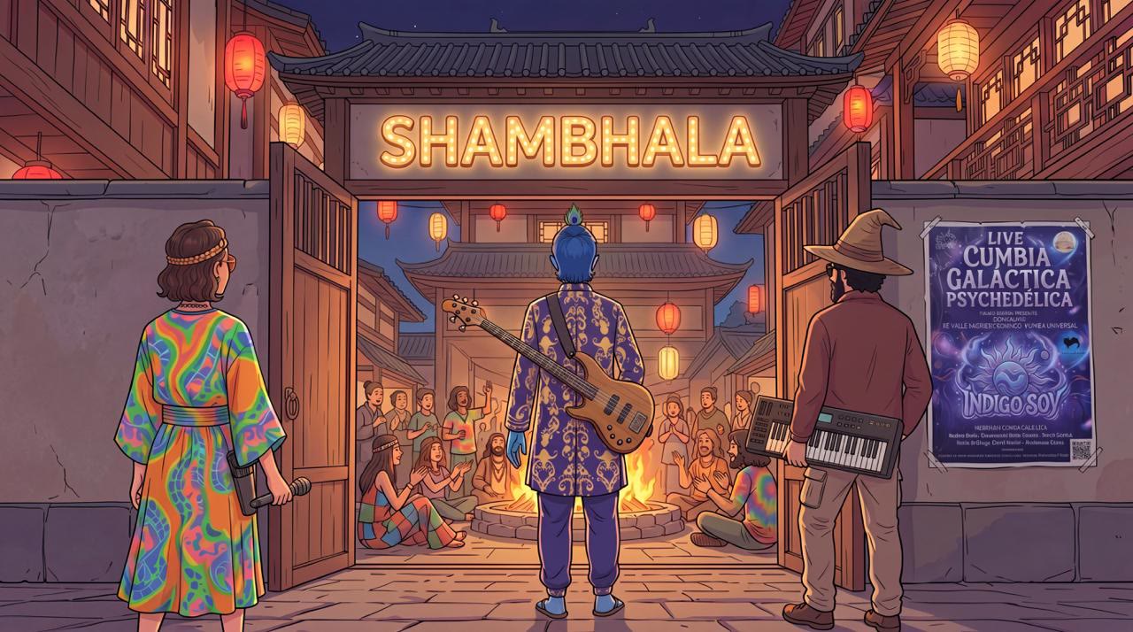 рисунок: ворота Shambhala с горящей вывеской, у входа трое с бас-гитарой, синтезатором и м