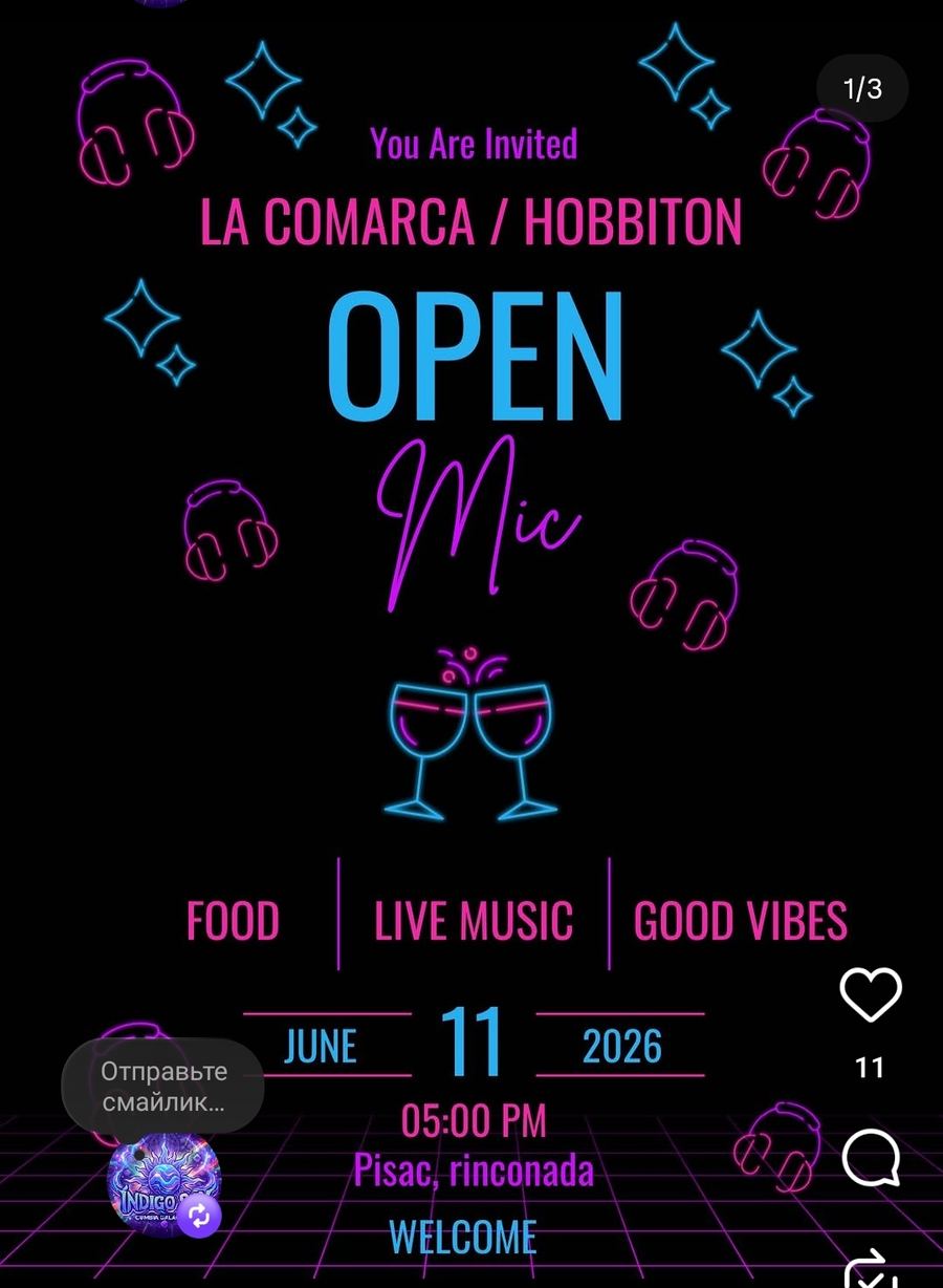 снимок из инстаграма: «LA COMARCA / HOBBITON · OPEN MIC · JUNE 11 2026 · 05:00 PM · Pisac,